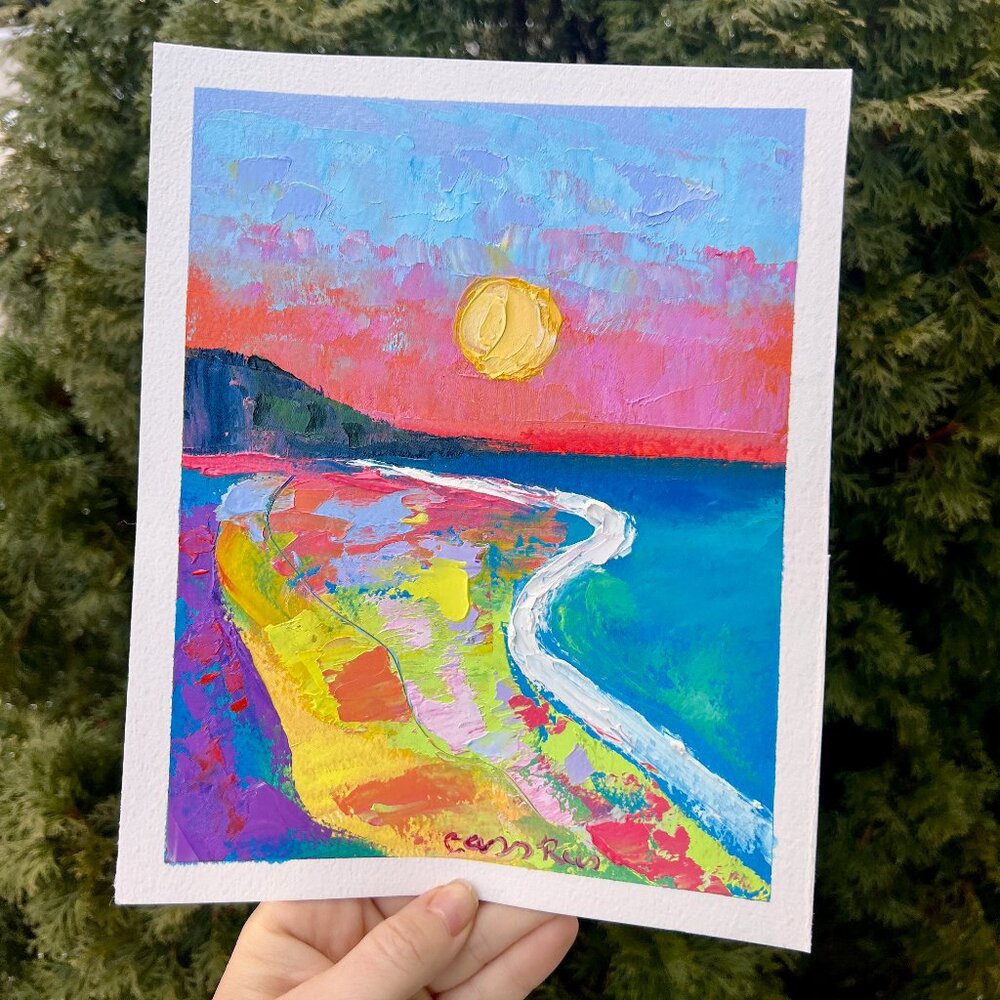 Abstract Beach Seascape Oil Painting Original Colorful Vibrant Fun Decor Wild